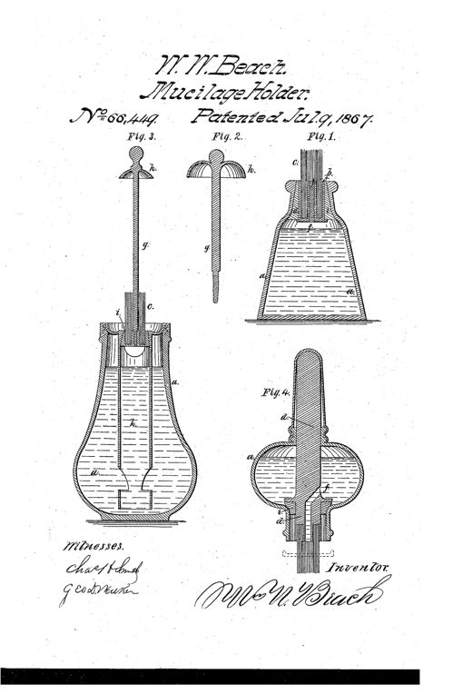 Patent drawing of a bell-shaped mucilage bottle with an internal brush on a wire rod that can be drawn up through the neck for use or retracted down into the mucilage, shown in four labeled cross-section figures with hand-lettered part markers (a, b, c, f, g, h, i, k) and a signed inventor's name at the bottom.