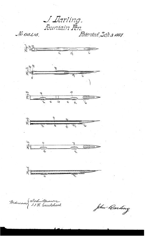 A sequence of six technical line drawings showing the underside plan and longitudinal cross-sections of a 19th-century fountain pen holder, each labeled with letters marking the reservoir, elastic tube, distributing tube, nib, and thumb-plate components.