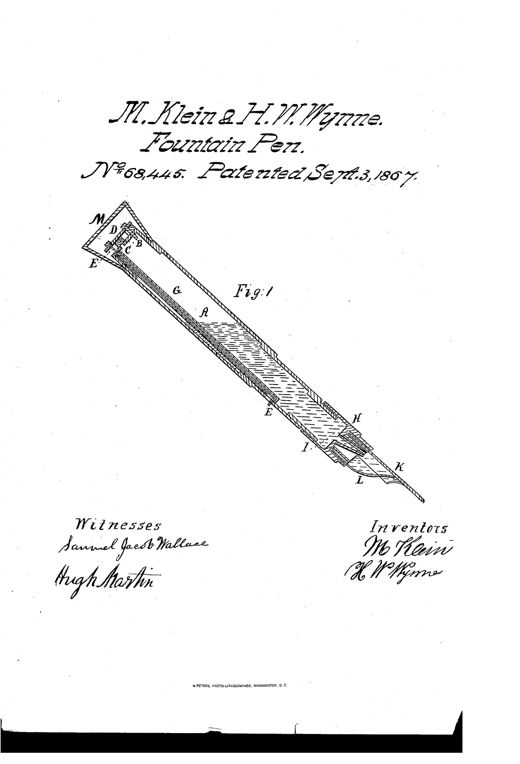 A diagonal cross-section drawing of an antique fountain pen showing internal parts labeled A through M, including an ink chamber, spring valve, rod, and pen point.