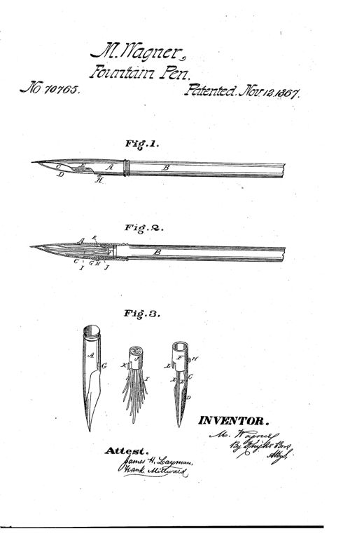 Patent drawing of a 19th-century fountain pen showing an assembled exterior view, an internal cross-section revealing a bristle-filled ink channel, and separated parts including a metal sheath, winged bristle socket, and pen nib.
