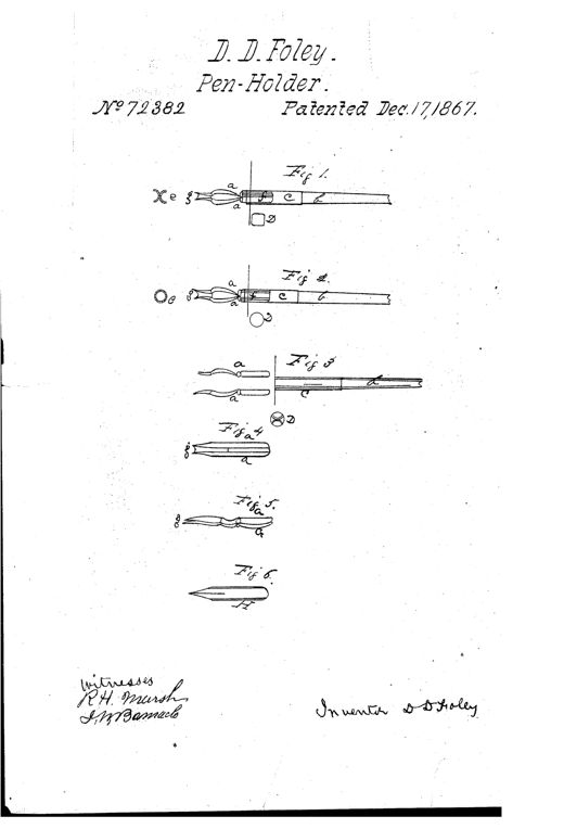 Technical patent drawing showing six figures of a dip pen holder with two nibs joined back to back to form a small ink reservoir between them, alongside a single ordinary pen nib for comparison.