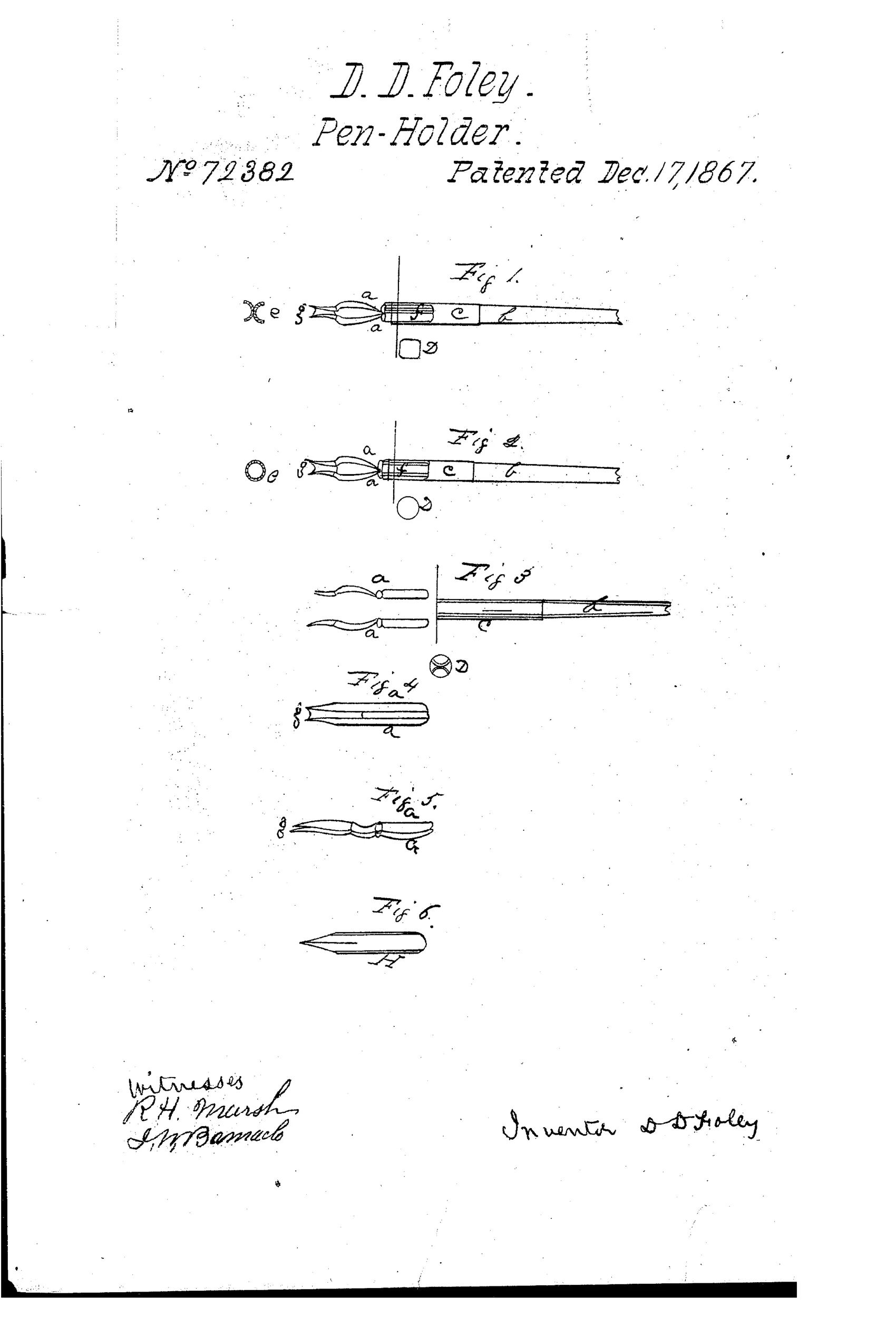 Technical patent drawing showing six figures of a dip pen holder with two nibs joined back to back to form a small ink reservoir between them, alongside a single ordinary pen nib for comparison.