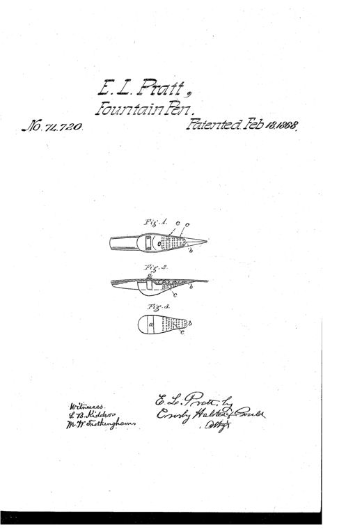 Patent drawing showing a pen nib with an attached perforated metal ink reservoir, including a top view, a cross-section, and a plan view of the detached reservoir.