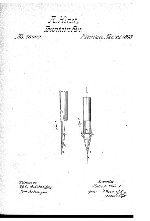 Two line drawings of a pen nib: Fig. 1 shows a side section of the pen with a curved hinged flap along its concave underside, and Fig. 2 shows an inner view of the nib with the flap labeled B, pivot points marked c and c, and the nib point marked b.