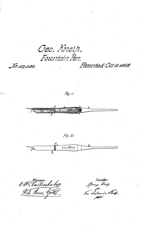 Two technical line drawings of a fountain pen: Figure 1 shows a longitudinal cross-section revealing an internal glass ink cistern, central air tube, and spring valve with a thumb button, while Figure 2 shows the same pen's exterior side view with a tapered nib and cylindrical barrel.