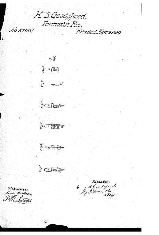 Patent drawing showing six figures of a steel dip pen nib with an attached spoon-shaped metal reservoir on its back, including plan and side views, a detached spoon piece, and cross-sectional details of the sliding attachment mechanism.