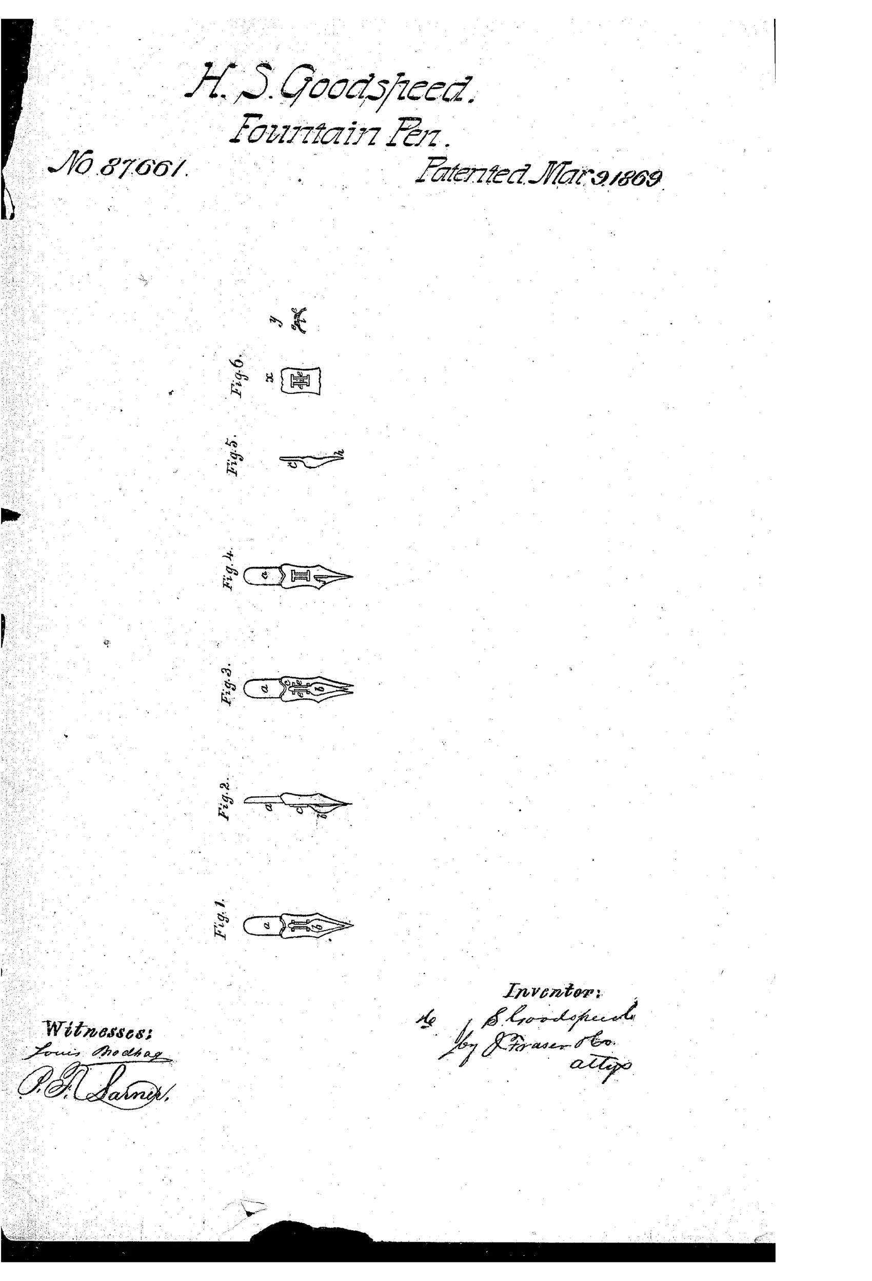 Patent drawing showing six figures of a steel dip pen nib with an attached spoon-shaped metal reservoir on its back, including plan and side views, a detached spoon piece, and cross-sectional details of the sliding attachment mechanism.