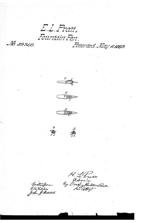Patent drawing showing five small views (A through E) of a metal pen-fountain device: elongated tapered tongue pieces with perforated, dotted textured surfaces labeled with letters a, b, c, e, f, illustrating front, rear, side, bottom, and top views of the fountain clasped around a pen nib and shank.