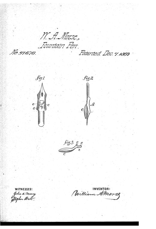 Patent drawing of a steel dip-pen nib with a curved fountain spring inserted through slots and its ends bent over to hold it in place, shown from front, side, and as a separate spring piece.