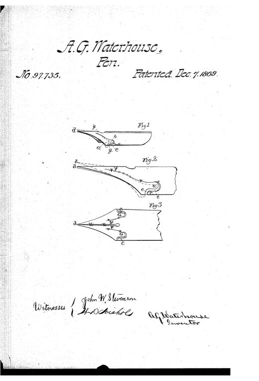 Three technical line drawings of a metal pen nib: a side profile showing the curved point and internal spring slot, a top view showing the slotted lever and spring structure, and a flat unbent blank showing the stamped-out slots that form the levers and shoulders.