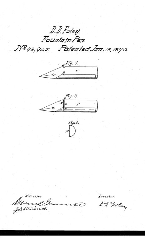 Patent drawing showing a pen nib in Fig. 1 with notches labeled B B, Fig. 2 showing the same nib fitted with a rubber ring N and ink channel D, and Fig. 4 showing a small half-moon shaped rubber ring labeled N.
