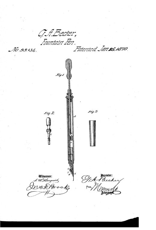 Patent drawing showing a slender hard rubber fountain pen in cross-section with an internal piston rod, threaded valve mechanism, and a separate key and cap shown alongside.