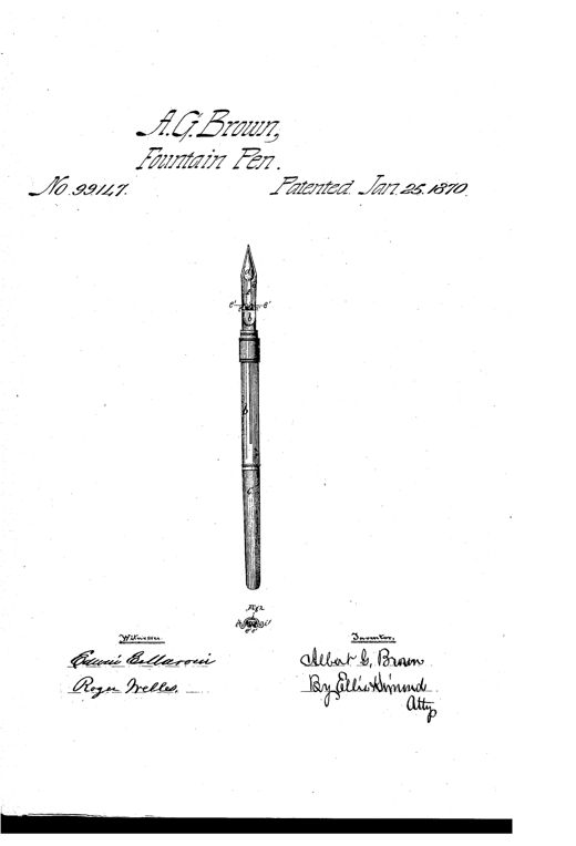 A patent drawing of a dip pen and holder with a small spring-clip ink reservoir attachment fitted near the nib, shown in full length view and in a separate close-up back-end view labeled Fig. 2.