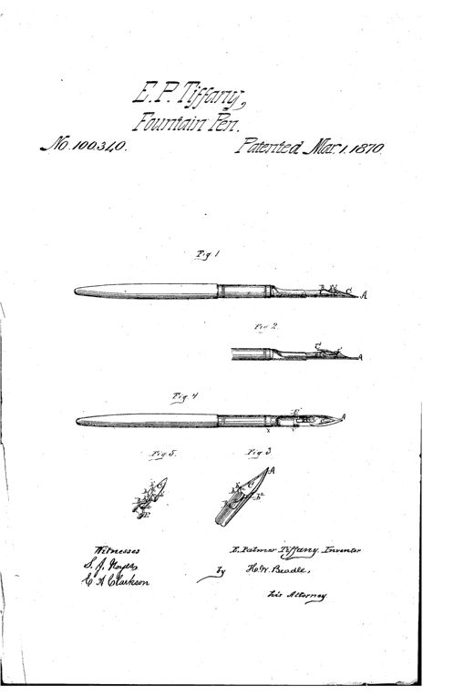 Patent drawing showing a slender cylindrical fountain pen holder with a pointed nib assembly at one end featuring a small hinged flap and spring mechanism labeled with letters A, B, C, and E, shown in five different views including full-length side views and close-up details of the nib and flap components.