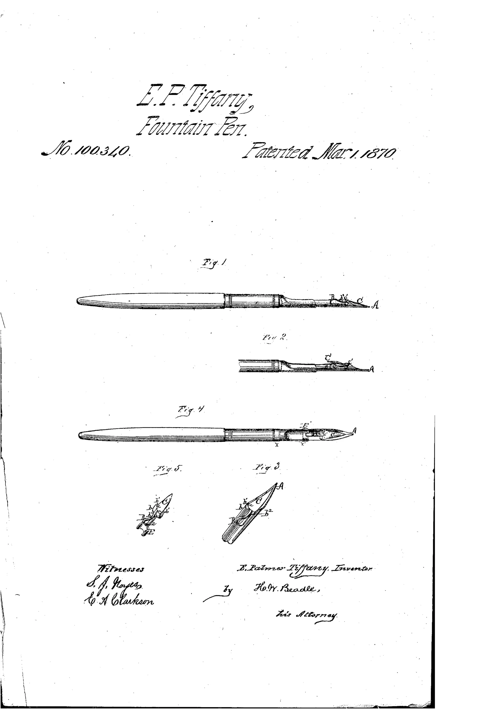 Patent drawing showing a slender cylindrical fountain pen holder with a pointed nib assembly at one end featuring a small hinged flap and spring mechanism labeled with letters A, B, C, and E, shown in five different views including full-length side views and close-up details of the nib and flap components.