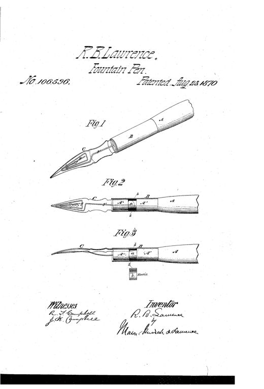 Line drawing of a pen-holder with a nib and triangular wire ink-retainer, shown whole and in cross-section revealing an internal rubber cushion band labeled b.