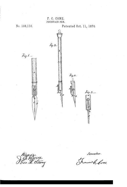 Patent drawing of a slender fountain pen holder with a knobbed cap, showing four figures: full-length exterior views (Figs. 1 and 2) with an internal elastic strip and finger slide near the nib, and two cross-sectional close-ups (Figs. 3 and 4) illustrating the valve strip in closed and open positions.