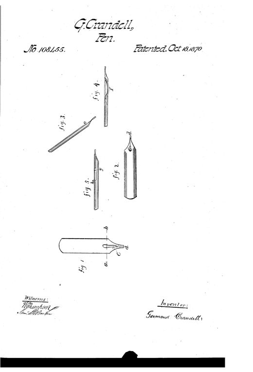 Patent drawing showing five views of a metal pen nib: a flat cut blank, a formed pen tip, a side elevation, a cutaway revealing an ink-holding loop, and a side view with a sliding flexibility regulator.