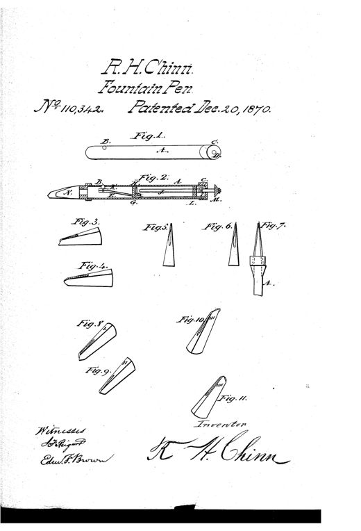 Patent drawing showing a cylindrical fountain pen holder in longitudinal section with internal spring, valve, and piston mechanisms, alongside eight small perspective views of a four-sided pen point labeled Figures 3 through 11, each showing a different facet or angle of the nib used for varying handwriting styles.