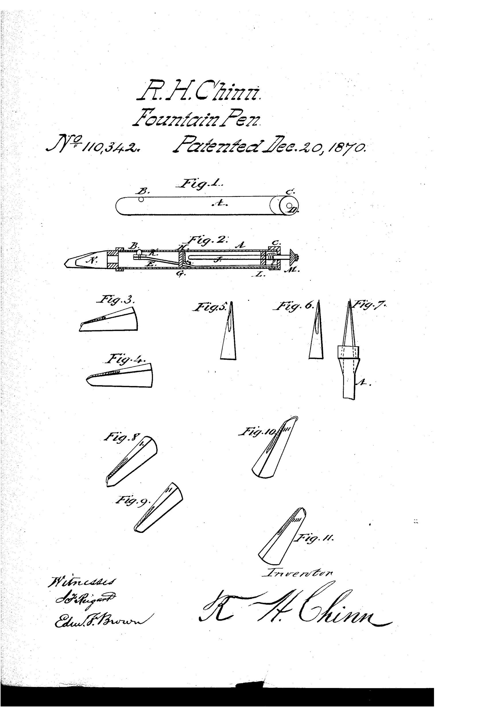Patent drawing showing a cylindrical fountain pen holder in longitudinal section with internal spring, valve, and piston mechanisms, alongside eight small perspective views of a four-sided pen point labeled Figures 3 through 11, each showing a different facet or angle of the nib used for varying handwriting styles.