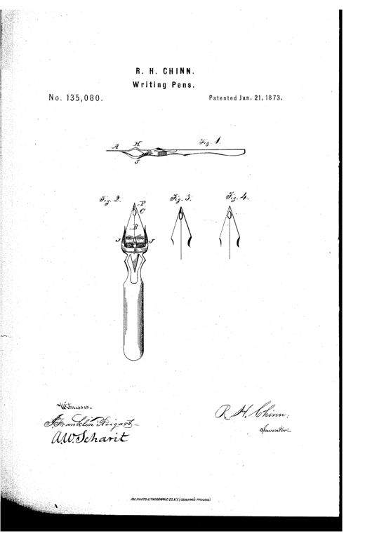 Patent drawing of an antique dip pen showing a side view of the full pen body and four detail views of the split, spring-loaded nib point with labeled openings, tongues, and grooves.