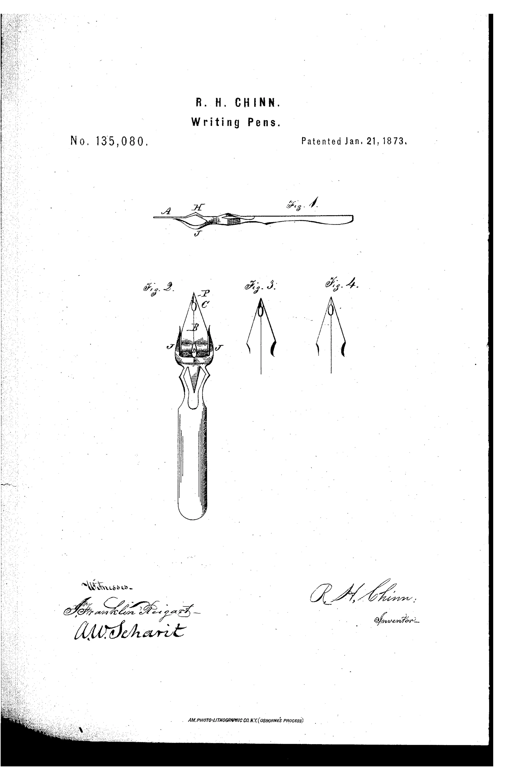 Patent drawing of an antique dip pen showing a side view of the full pen body and four detail views of the split, spring-loaded nib point with labeled openings, tongues, and grooves.
