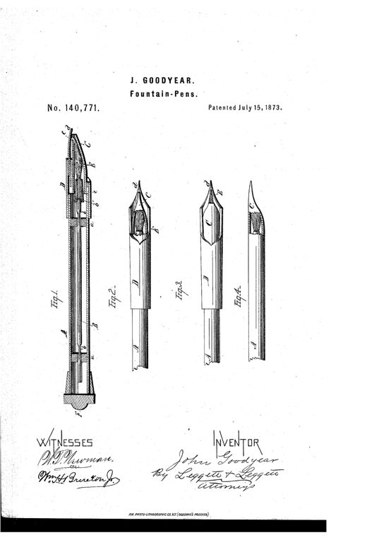 Patent drawing showing a longitudinal cross-section of a fountain pen with a valve rod running through a tube, alongside three separate detail views of pen-point tips with brush tufts inside tapered nib holders.