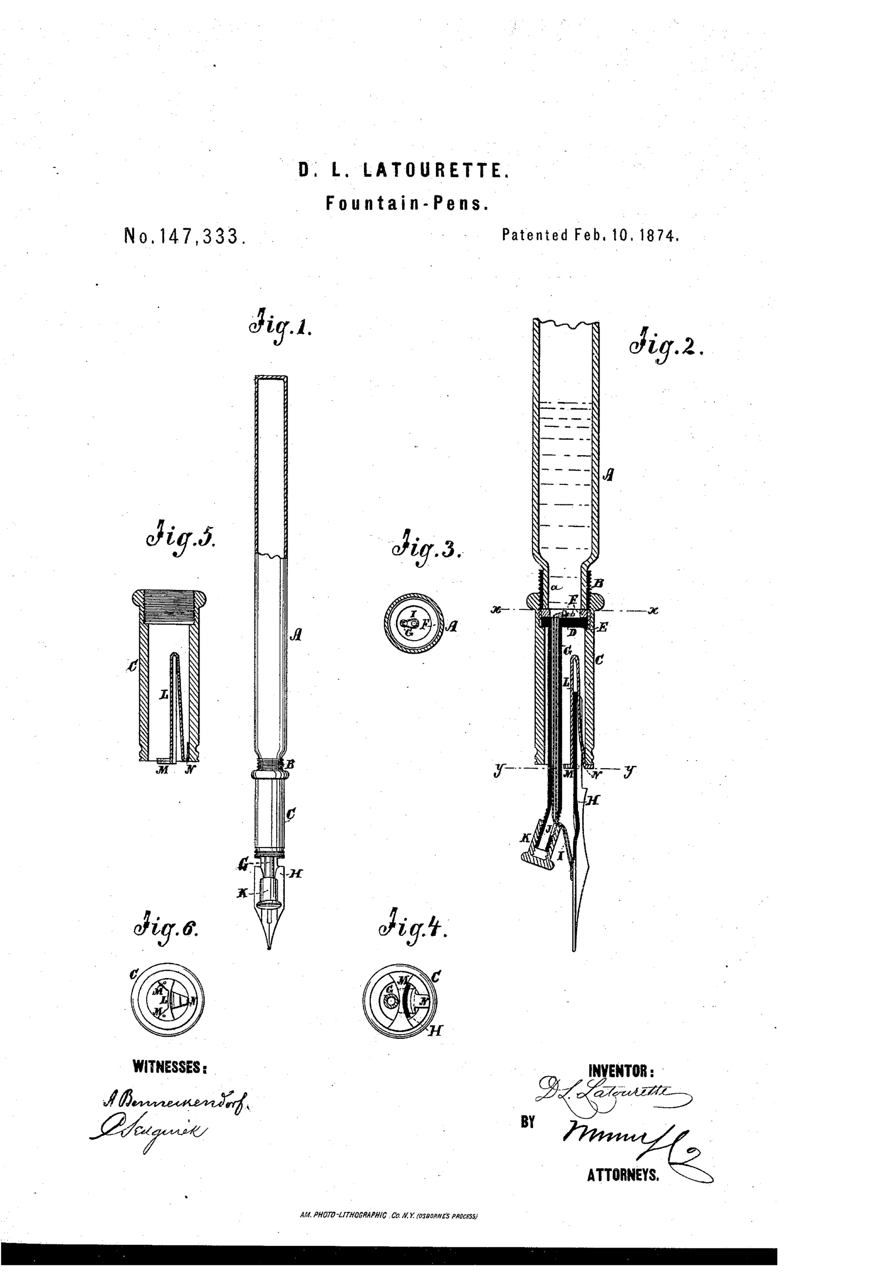 Patent drawing of a 19th-century fountain pen showing a glass ink-fountain handle screwed to a tubular base with a nib, feed tube, wick, and adjustable cap, alongside cross-sections labeled with reference letters A through N.