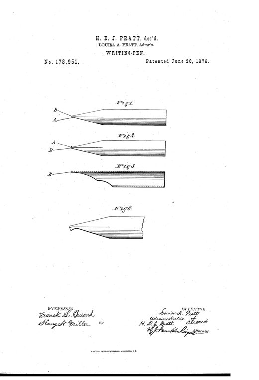 Patent drawing showing four views of a metal pen nib labeled Fig. 1 through Fig. 4, illustrating differing widths of the left (A) and right (B) sides of the tip and a beveled edge in cross-section.