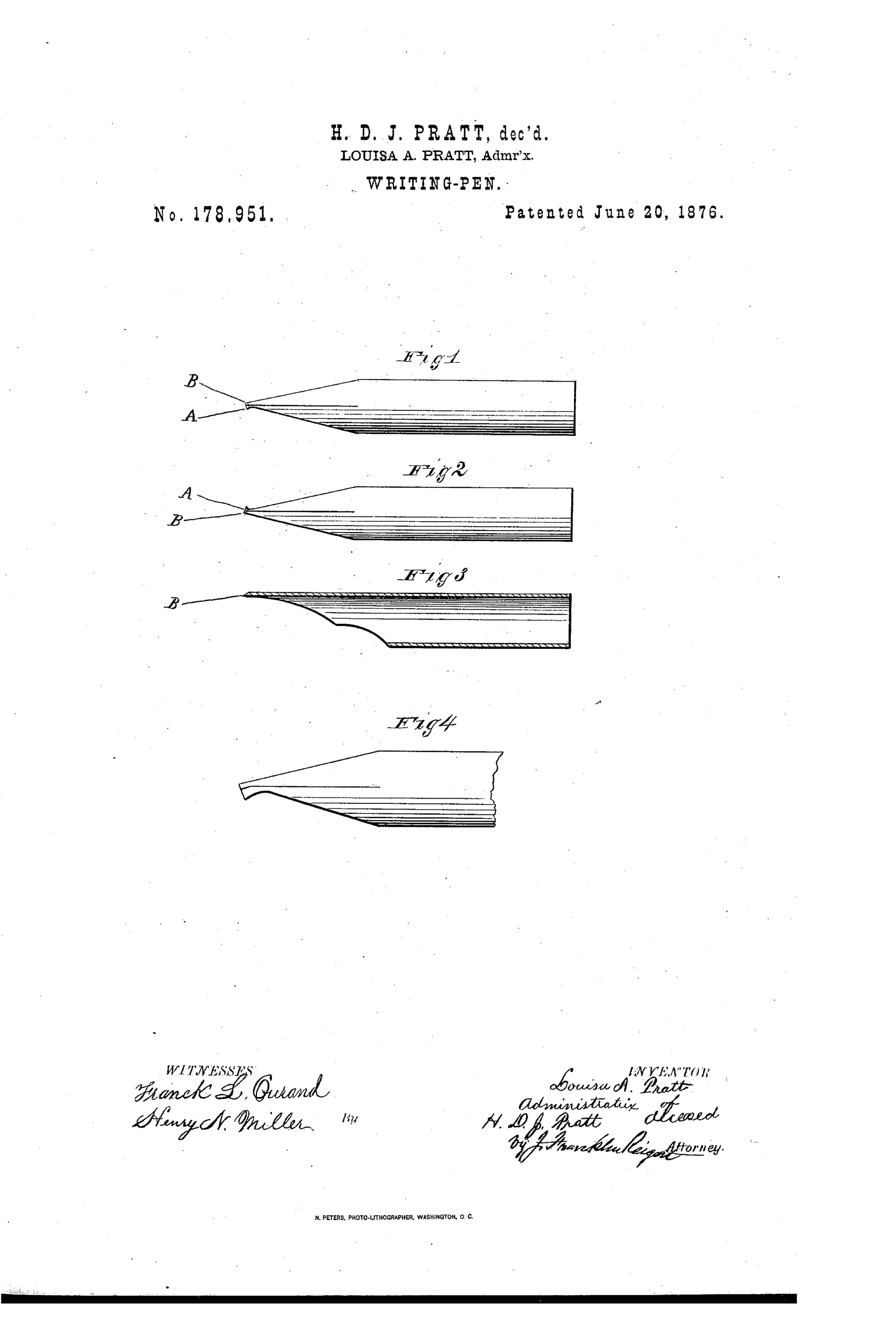 Patent drawing showing four views of a metal pen nib labeled Fig. 1 through Fig. 4, illustrating differing widths of the left (A) and right (B) sides of the tip and a beveled edge in cross-section.