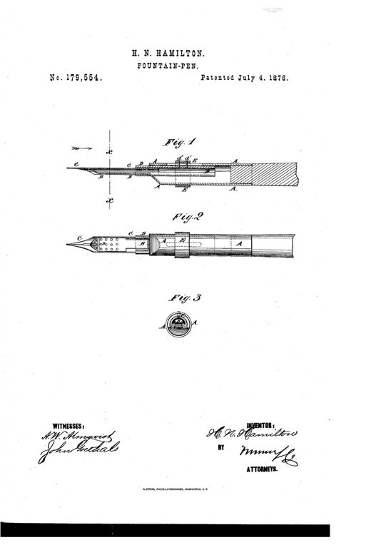 Technical patent drawing showing a fountain pen in longitudinal section with labeled parts including tube A, tongue B, nib C, holder D, and ring E, alongside a front view and a small circular cross-section diagram.