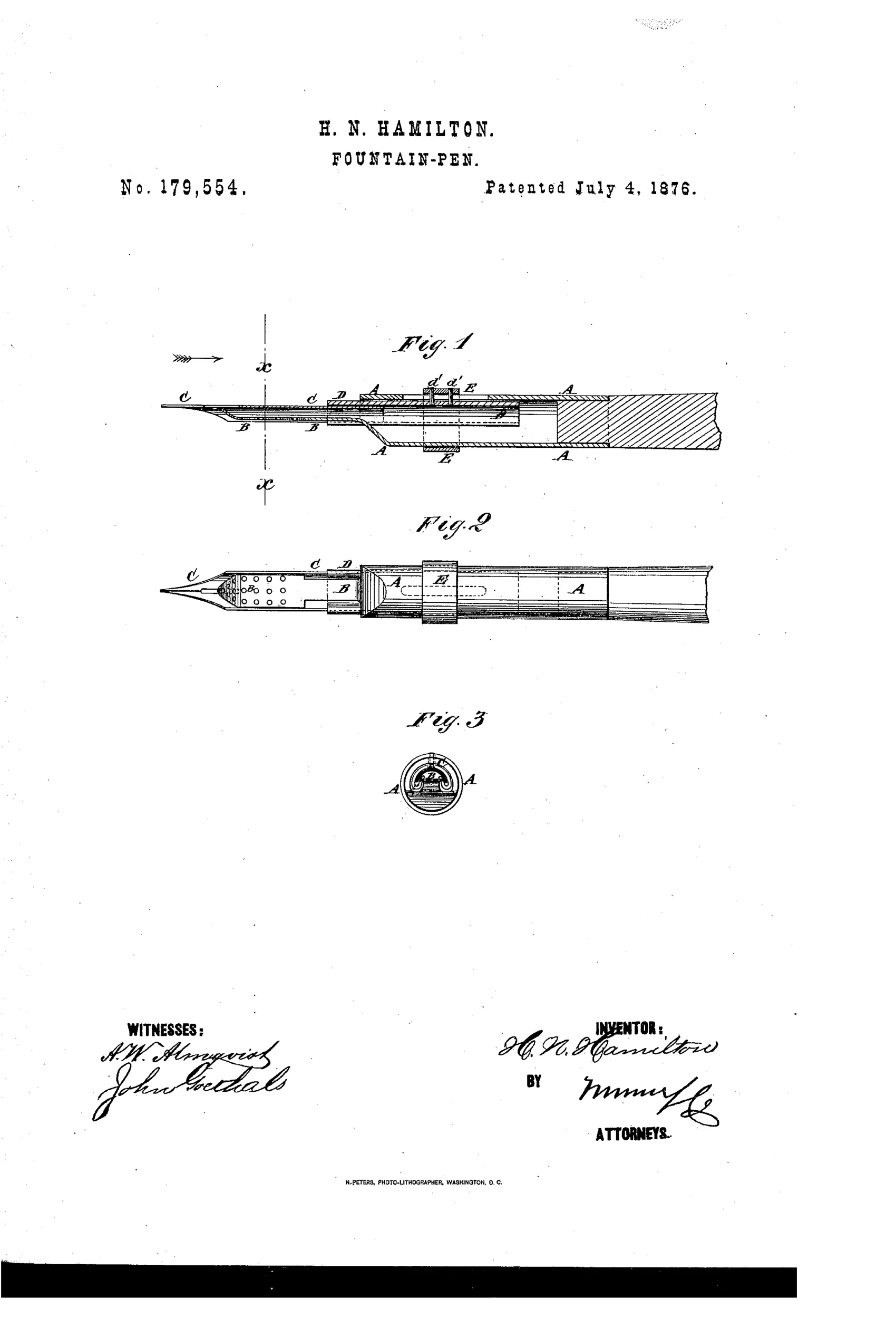 Technical patent drawing showing a fountain pen in longitudinal section with labeled parts including tube A, tongue B, nib C, holder D, and ring E, alongside a front view and a small circular cross-section diagram.