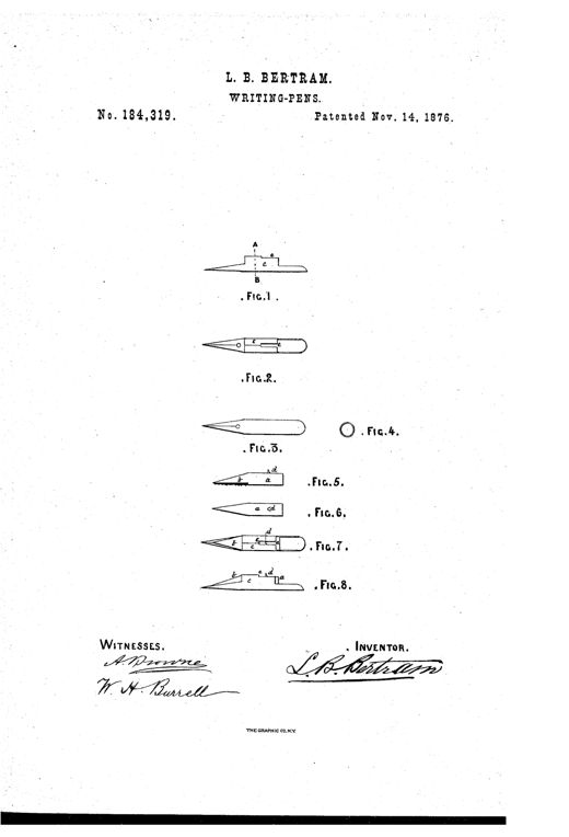 Line drawing of a dip pen holder with a rectangular slot for a cylindrical solid-ink cartridge, shown in elevation, underside, top, and cross-section views alongside the cartridge itself.