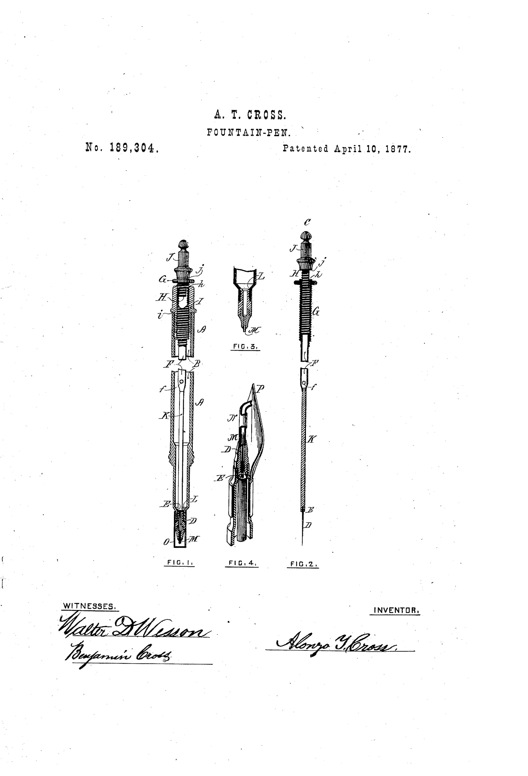 Patent drawing showing four figures of a fountain pen: a full longitudinal cross-section labeled Fig.1 with threaded cap, needle, valve, and tapering writing tube; a similar full pen view labeled Fig.2 showing the internal rod and needle; an enlarged detail of the tubular point and valve seat labeled Fig.3; and a side view labeled Fig.4 showing the needle and capillary tube feeding an ordinary pen nib.