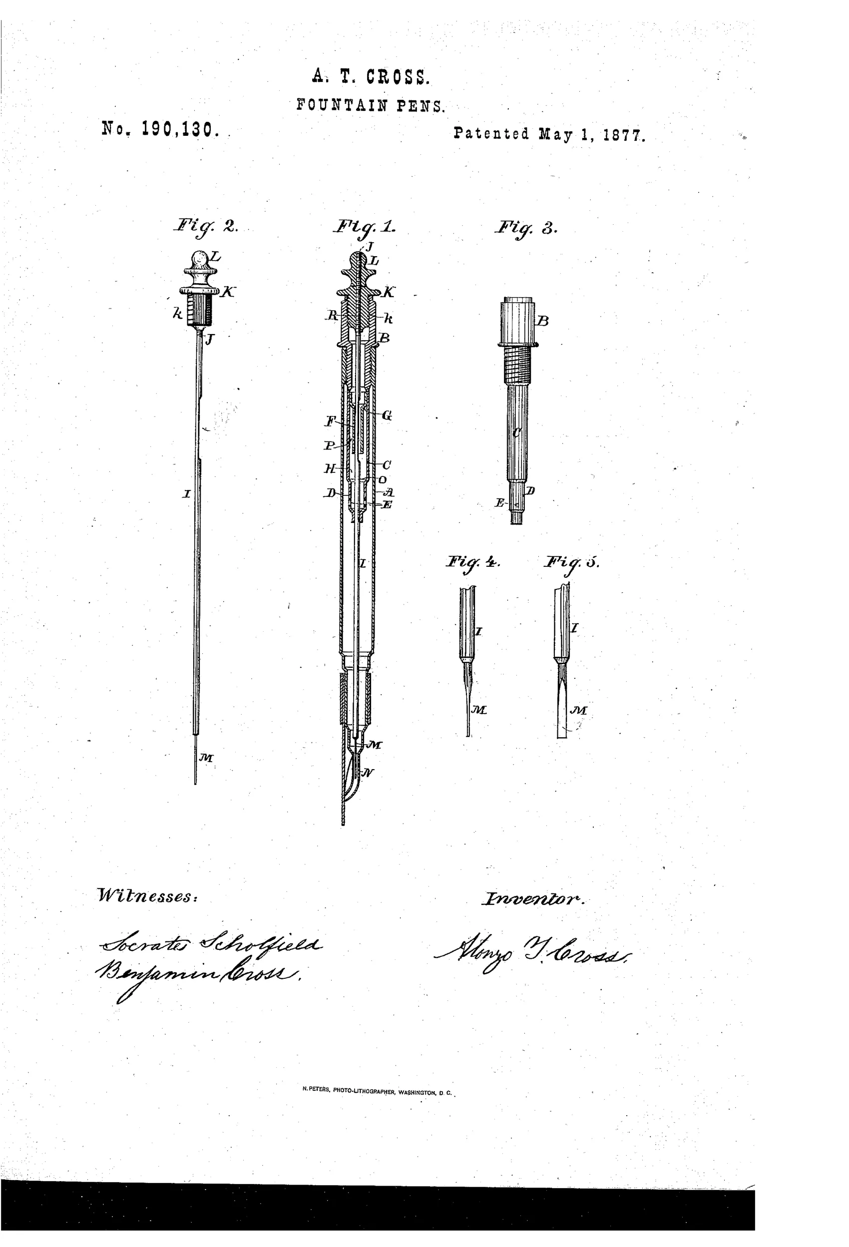 Patent drawing of a 19th-century fountain pen shown in cross-section (Fig. 1) revealing an inner valve-spindle, air-tube, and nested chambers, with separate views of the cap and threaded nut assembly (Fig. 2), the outer air-tube (Fig. 3), and close-up edge and side views of a flattened ink needle (Figs. 4 and 5).