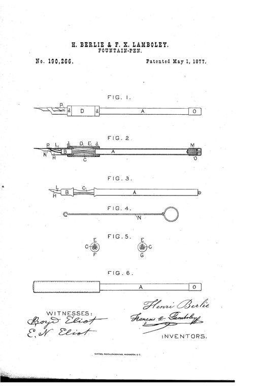 Patent drawing showing six figures of a fountain pen holder, including a longitudinal cross-section revealing an internal ink reservoir, elastic rubber chamber, connecting rod, curved ink delivery tube to the nib, a plunger with hooked wire for filling, and a protective cap for the pen point.