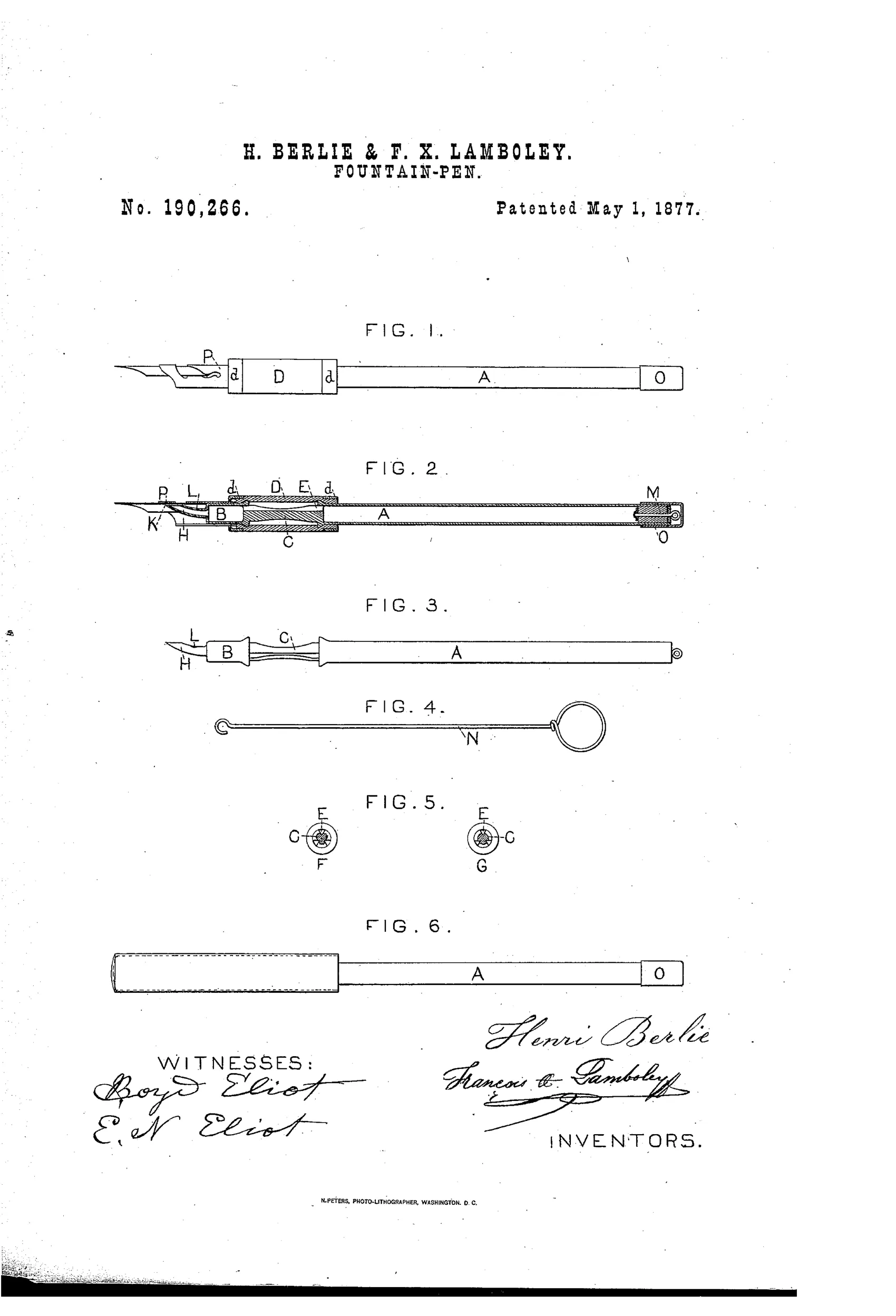 Patent drawing showing six figures of a fountain pen holder, including a longitudinal cross-section revealing an internal ink reservoir, elastic rubber chamber, connecting rod, curved ink delivery tube to the nib, a plunger with hooked wire for filling, and a protective cap for the pen point.