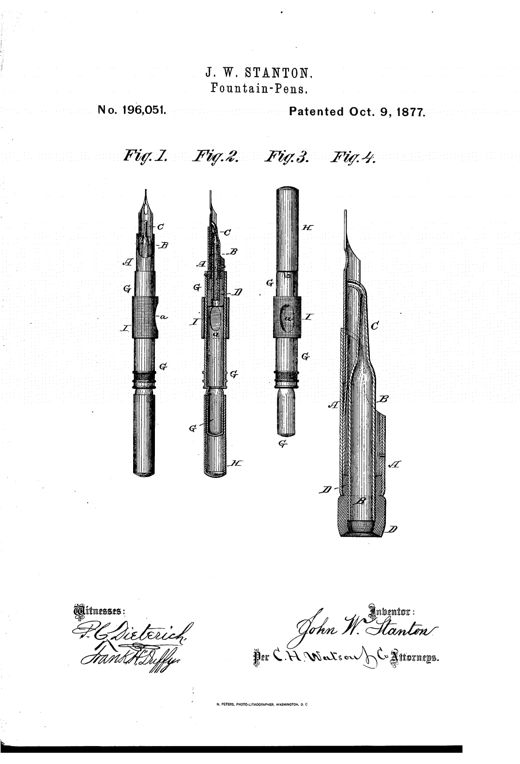 Patent drawing showing four views of a 19th-century fountain pen: an open front view with labeled nib and internal parts (A, B, C, G, I, a), a longitudinal cross-section revealing the internal glass feed-tube and reservoir, a closed side view with cap, and an enlarged detail of the holder's end mechanism with rubber sleeve and glass tube.