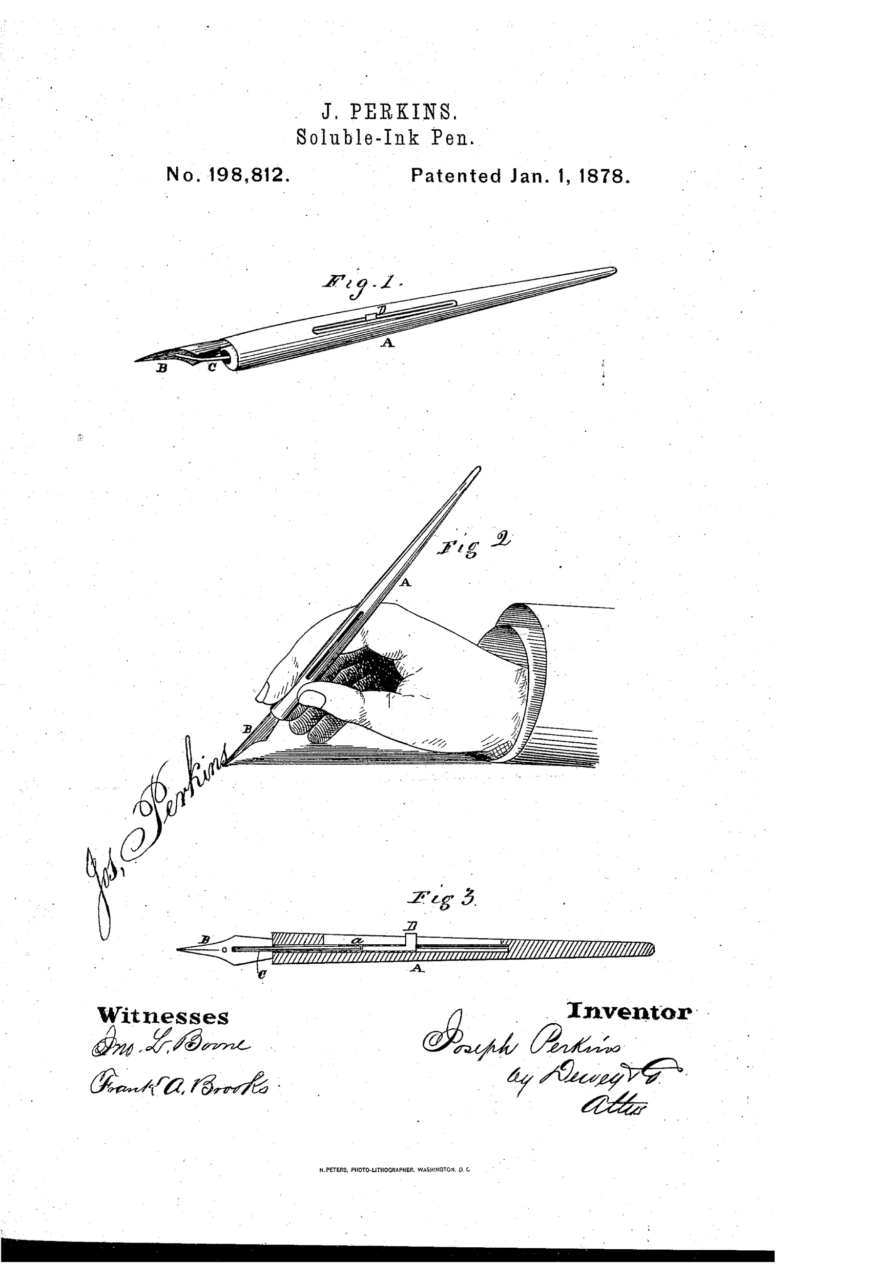Patent drawing of a slender tapered pen holder with a nib at one end, a thumb-catch slot along its side, a hand gripping it in writing position, and a cutaway sectional view revealing an internal ink rod and sliding tube mechanism.