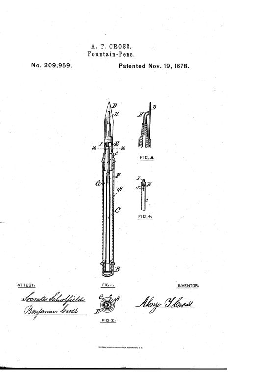 Patent drawing of a 19th-century fountain pen in longitudinal section showing the nib, air-tube, ink reservoir, and vent cap, with side cross-section views of the adjustable tube components.