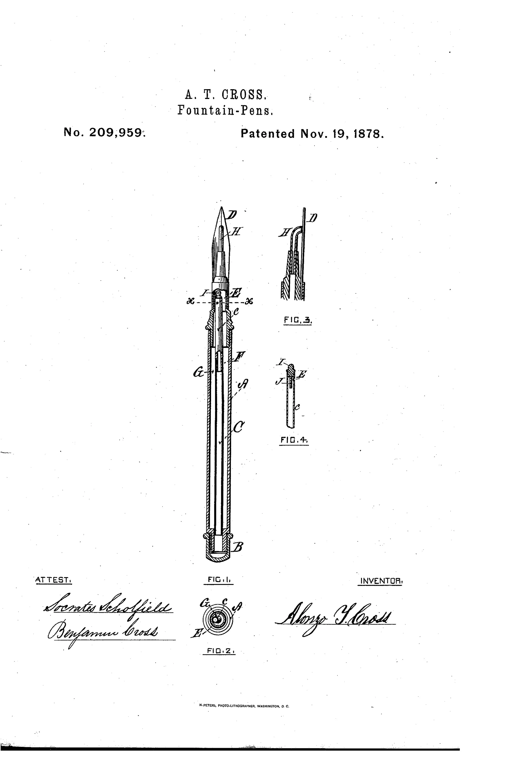 Patent drawing of a 19th-century fountain pen in longitudinal section showing the nib, air-tube, ink reservoir, and vent cap, with side cross-section views of the adjustable tube components.