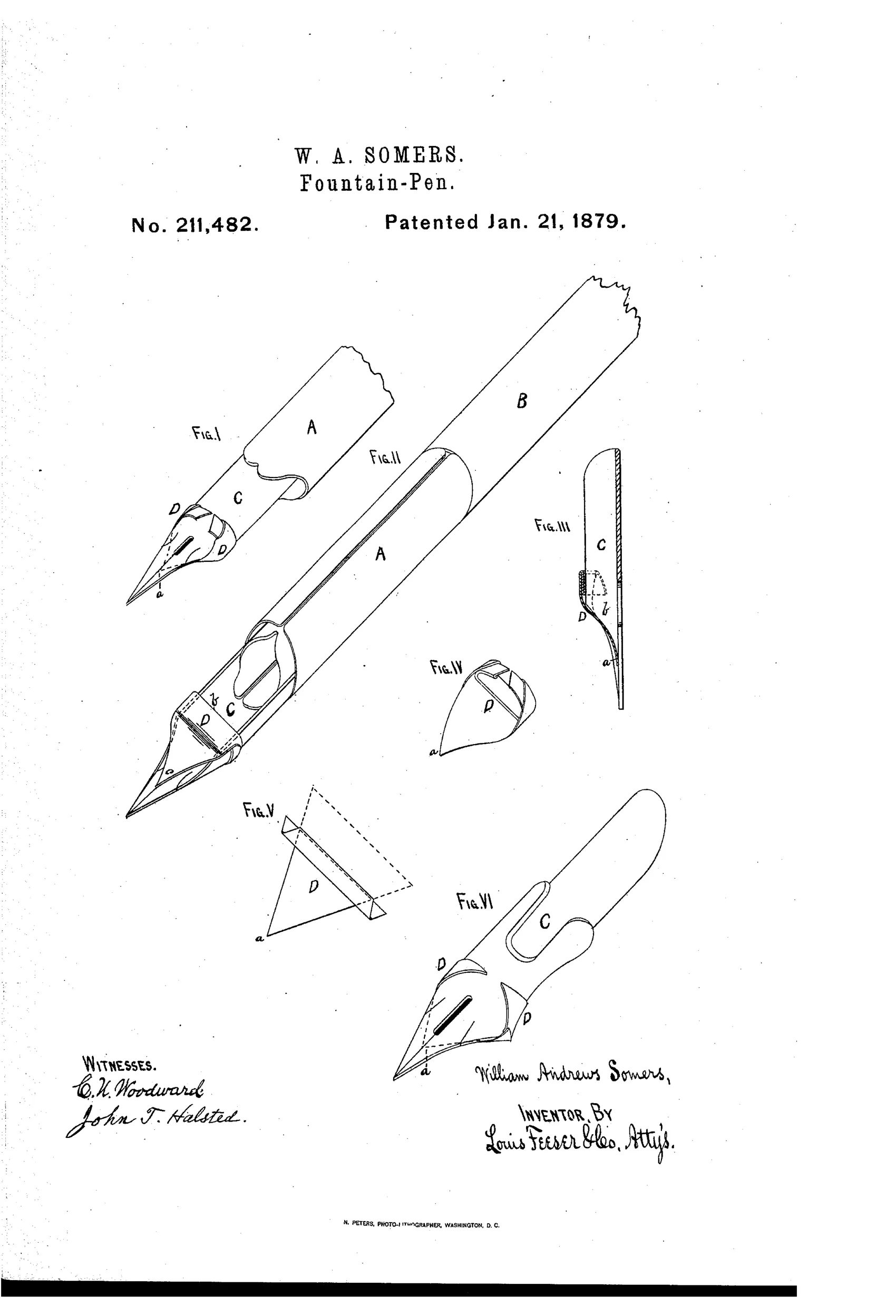 Patent drawing of a dip pen with a triangular metal plate clipped beneath the nib to form a small ink reservoir, shown in several perspective and sectional views labeled Fig. I through Fig. VI.