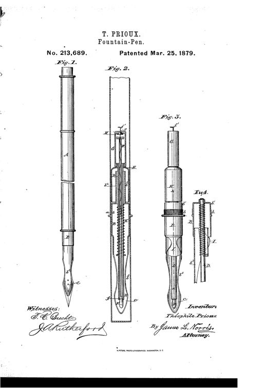 Patent drawing showing a fountain pen in full elevation and in cross-section, revealing an internal tube-and-valve mechanism with a spiral spring, a spoon-shaped ink bowl, and a metal nib point.