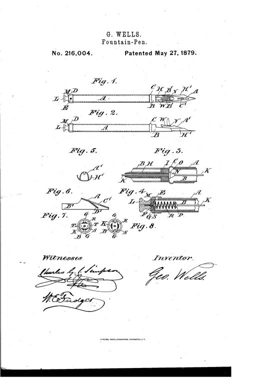 Patent drawing of a Victorian-era fountain pen showing the barrel, sliding tubes, internal valve mechanism, nib assembly, and a curved metal fountain attachment clipped beneath the pen point, with cross-sectional detail views of the pump and valve components.