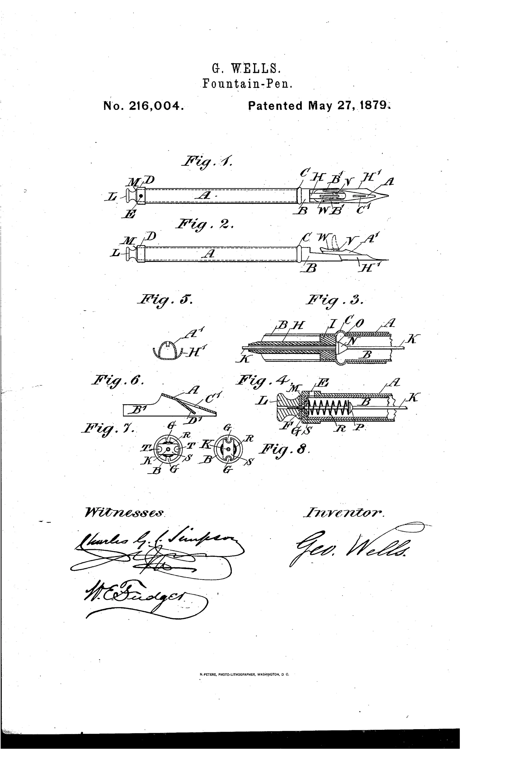 Patent drawing of a Victorian-era fountain pen showing the barrel, sliding tubes, internal valve mechanism, nib assembly, and a curved metal fountain attachment clipped beneath the pen point, with cross-sectional detail views of the pump and valve components.