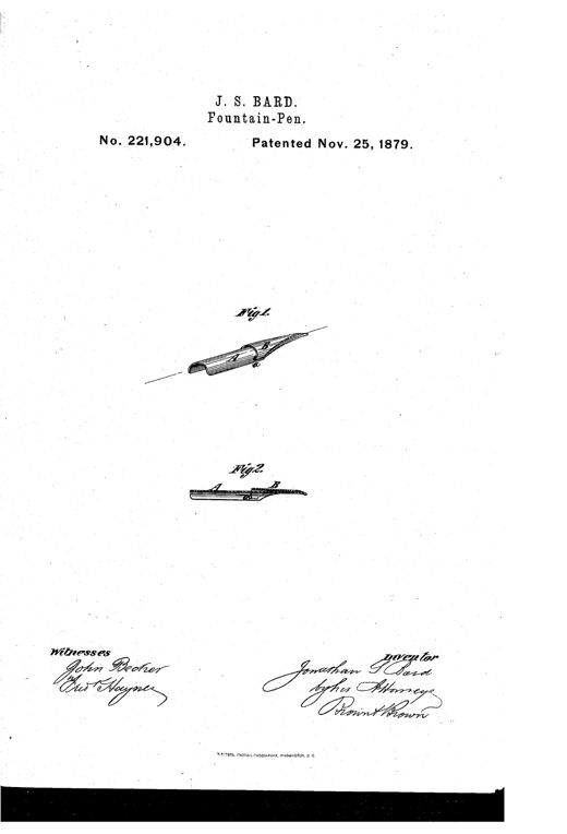 Two line drawings show a quill-like pen nib with a curved spoon-shaped ink reservoir hinged along its upper back, labeled A for the pen and B for the spoon, with a cross-section below showing the internal ink channel.