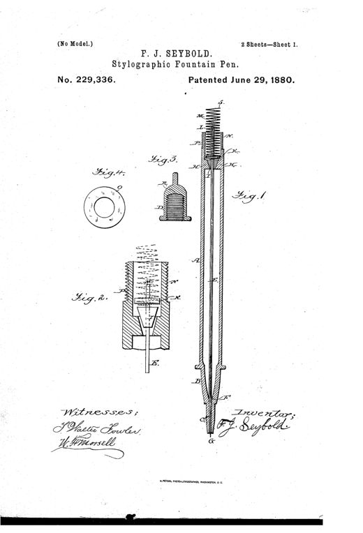 Patent drawing of a slender cylindrical stylographic fountain pen shown in vertical cross-section, revealing an internal spring-loaded needle running through the ink chamber with valve seats near the top and a tapered point at the writing tip, alongside smaller detail views of the valve, threaded cap, and washer components.