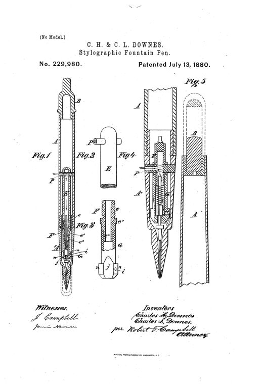 Patent drawing showing five cross-sectional and detail views of a stylographic fountain pen, including the full pen assembly with cap B, handle A, air-tube E, point-section A', and needle J, plus magnified details of the coupling tube F and flanged guide tube G.