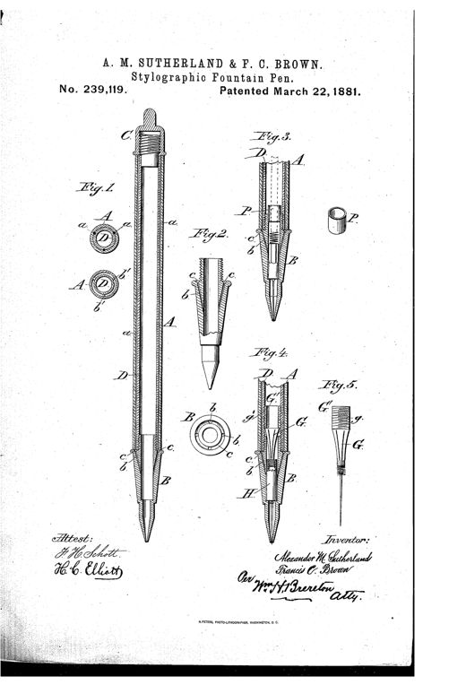 Patent drawing of a stylographic fountain pen showing a long cylindrical barrel with a screw-on cap, an internal needle-valve point section, and enlarged cross-sectional views of the air-duct and valve components labeled A through H.