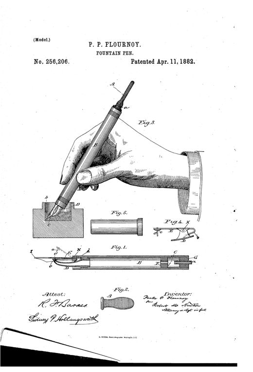 Patent drawing showing a hand dipping a fountain pen's feeder tip into an inkstand while compressing a rubber bulb at the pen's top, alongside smaller cutaway diagrams of the pen barrel, ink-regulator bar and spring, rubber filling bulb, and protective cap.